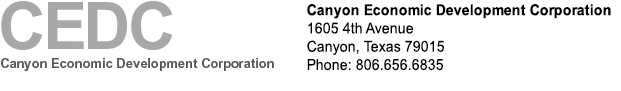 Canyon Economic Development Corporation | 1605 4th Avenue | Canyon, Texas 79015 | 806.656.6835